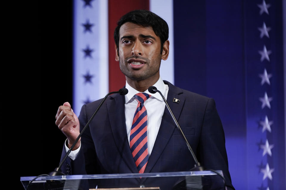 Steven Olikara participates in a televised Wisconsin Democratic U.S. Senate debate, Sunday, July 17, 2022, in Milwaukee. (AP Photo/Morry Gash)