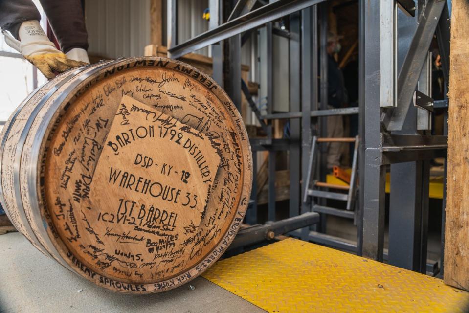 Barton 1792 Distillery just wrapped up its $25 million warehouse expansion. This is the first barrel to roll into Warehouse 33 on the historic campus.