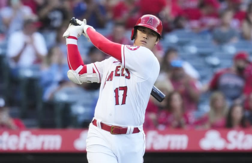 Los Angeles Angels designated hitter Shohei Ohtani (17) warms up before stepping up to bat.