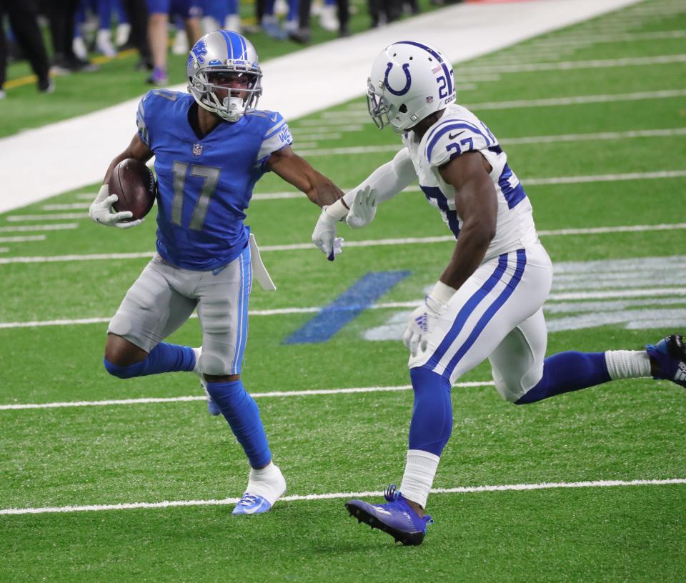 Detroit Lions receiver Marvin Hall makes a catch against Indianapolis Colts cornerback Xavier Rhodes during the second half at Ford Field, Sunday, Nov. 1, 2020.