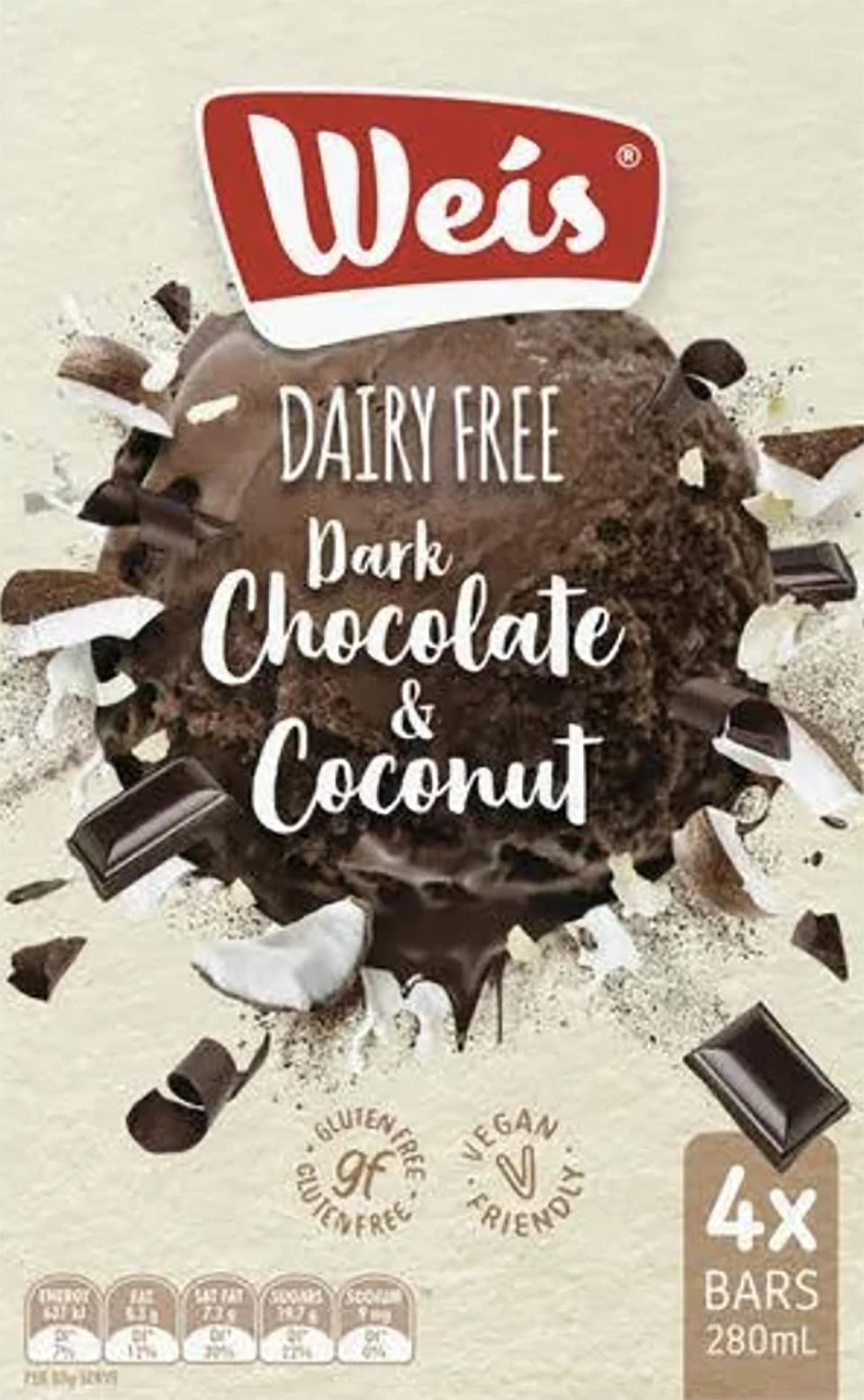 A box of Weis Dairy Free Dark Chocolate & Coconut four-pack is pictured.