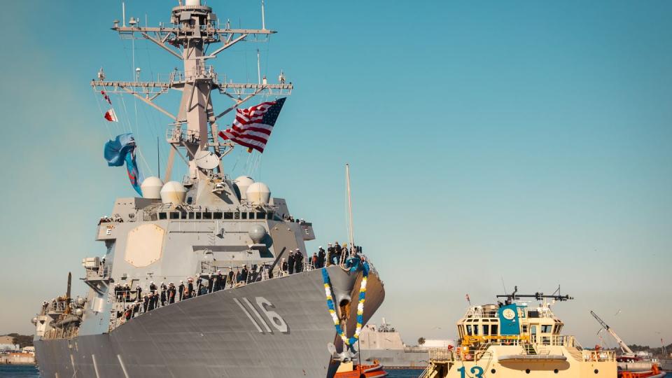 After a busy eight-month deployment that involved shooting down Iran-backed Houthi rebel attack drones and missiles in the Red Sea, the Navy destroyer Thomas Hudner returned to Naval Station Mayport, Florida, on Jan. 4. (Mass Communication Specialist 1st Class Brandon J. Vinson/Navy)