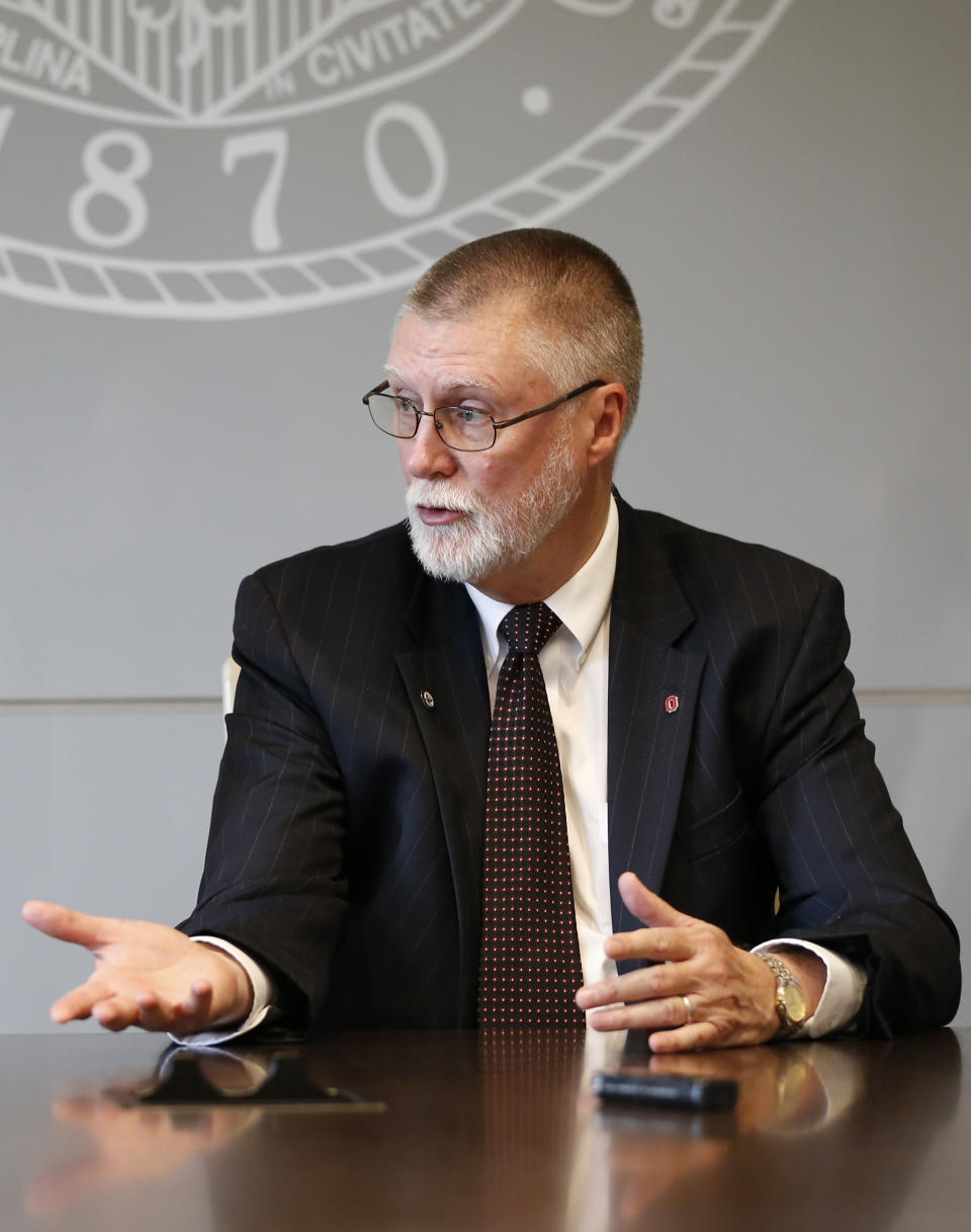 Ohio State University provost Bruce McPheron answers questions during an interview about the accusations against former Ohio State team doctor Richard Strauss Friday, May 17, 2019, in Columbus, Ohio. An investigation found that Strauss sexually abused at least 177 athletes from at least 16 sports as well as others from his work at the student health center and his off-campus clinic. (AP Photo/Jay LaPrete)