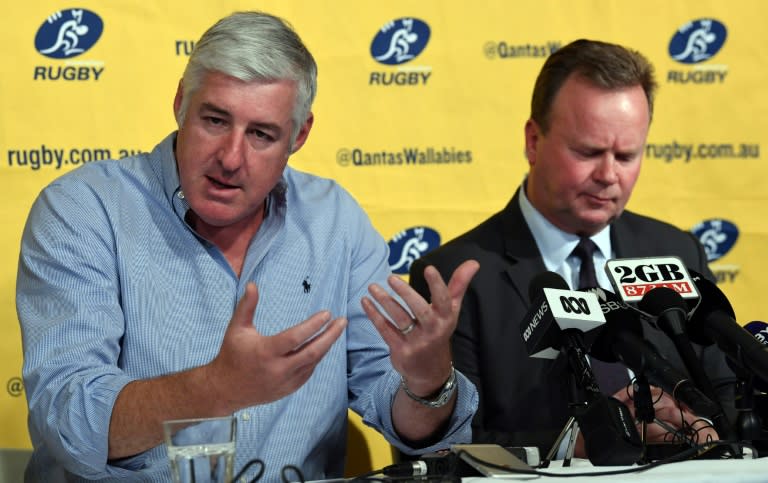 Australian Rugby Union (ARU) chairman Cameron Clyne (L) and Bill Pulver, CEO of the ARU, attend a press conference in Sydney, on August 11, 2017