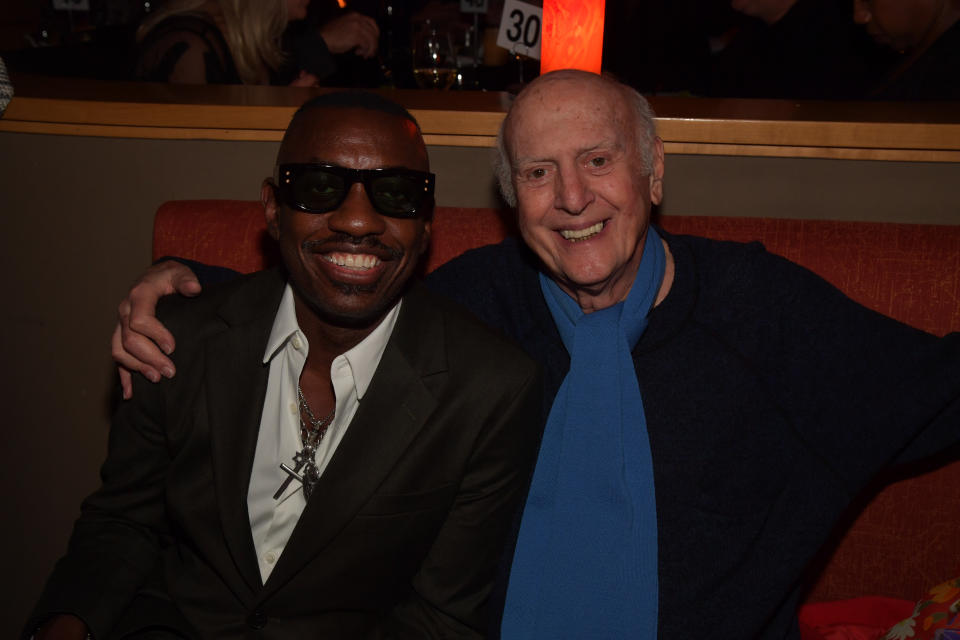 Band leader Steve Jordan and a guest, classic songwriter Mike Stoller, at the Jazz Foundation of America benefit at Vibrato - Credit: Lester Cohen