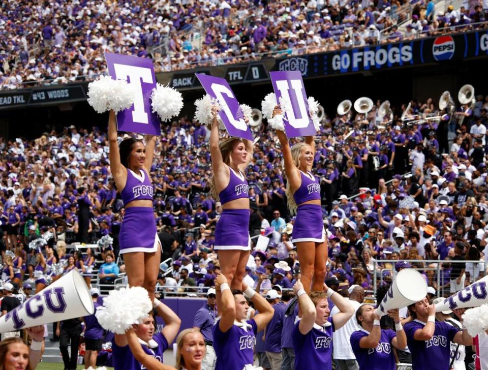 TCU cheerleaders work the crowd in the first half of a NCAA football game at Amon G. Carter Stadium in Fort Worth,Texas, Saturday Sept. 02, 2023. Colorado led 17-14 at the half. (Special to the Star-Telegram Bob Booth)