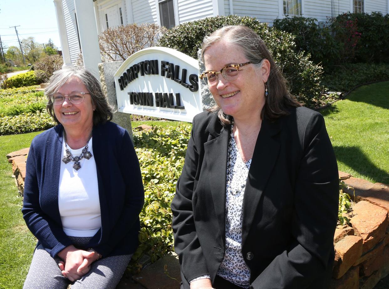 Karen Anderson (left) is retiring from her role as Hampton Falls town administrator, handing over the reins to Rachel Webb (right).