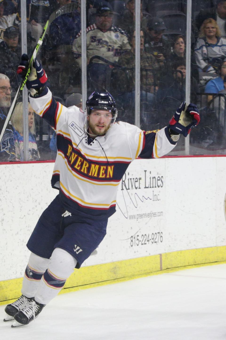 Peoria Rivermen right wing Marcel Godbout (58) celebrates after a goal during the second period of game one of the SPHL’s President’s Cup semifinals, Wednesday, April 20, 2022, at the TaxSlayer Center in Moline.