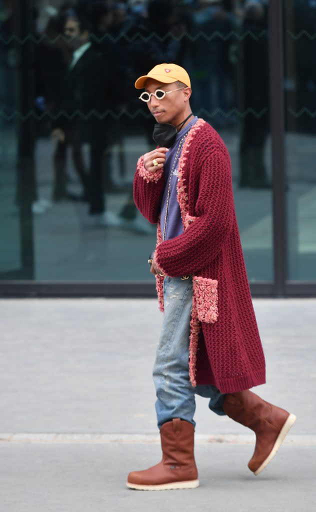 Pharrell Gets Funky in Knit Cardigan and Brown Boots at Chanel