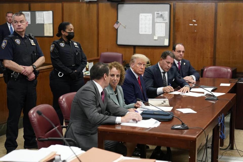 Apr 4, 2023; New York, New York, USA; Former President Donald Trump appears in court for arraignment before Judge Juan Merchan following his surrender to New York authorities at the New York County Criminal Court. Trump appeared in court to answer charges from a grand jury investigation into payments made during the 2016 campaign to bury allegations of extramarital sexual encounters. Mandatory Credit: Seth Wenig-Pool Photo via USA TODAY