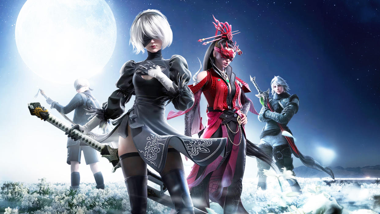  Naraka promotion image with Nier characters standing in front of a moon. 