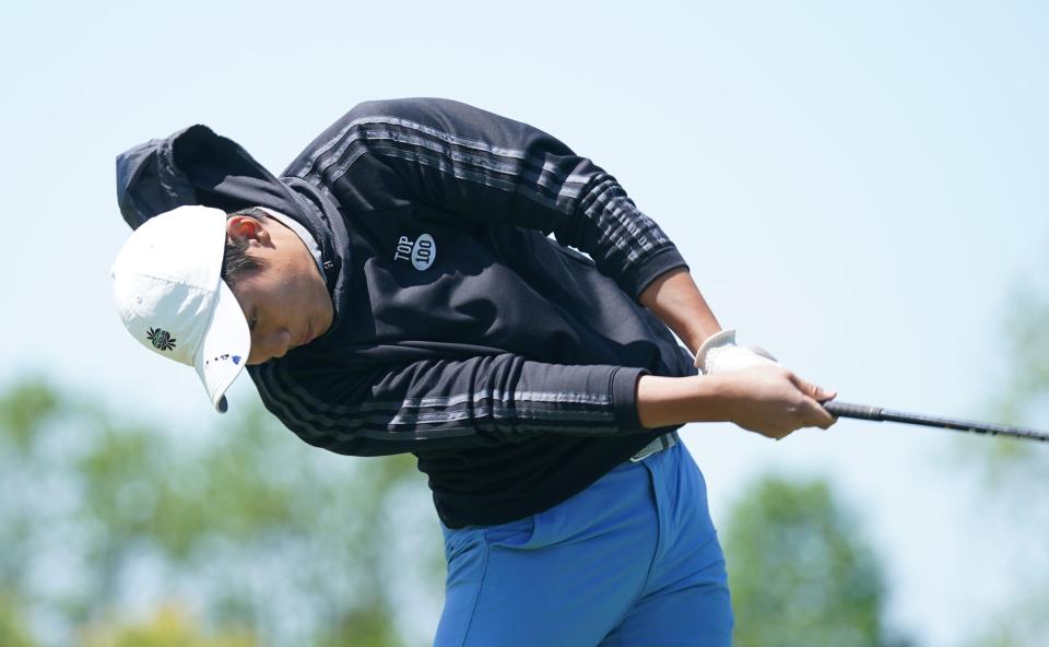 Scarsdale's Leo Chu tees off on the first hole of the Section 1 boys golf championships at Trump National Golf Club-Hudson Valley in Hopewell Junction on Wednesday, May 17, 2023.