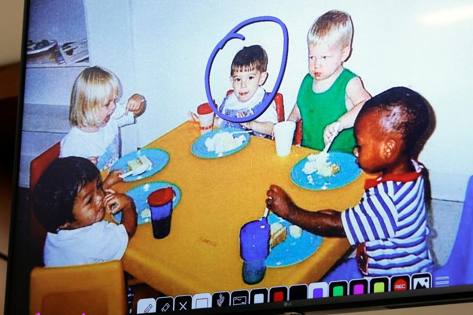 Marjory Stoneman Douglas High School shooter Nikolas Cruz, which the witness has circled in blue, is shown with classmates in an undated photo from at Young Minds Learning Center as Anne Marie Fischer, the former director of the school, testifies during the penalty phase of Cruz’s trial at the Broward County Courthouse in Fort Lauderdale on Tuesday, August 23, 2022. Cruz previously plead guilty to all 17 counts of premeditated murder and 17 counts of attempted murder in the 2018 shootings.