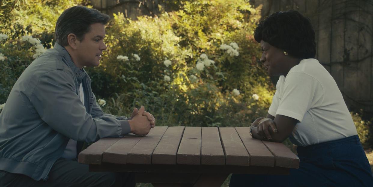 matt damon and viola davis in a publicity photo from the movie air, sitting outside at a park table