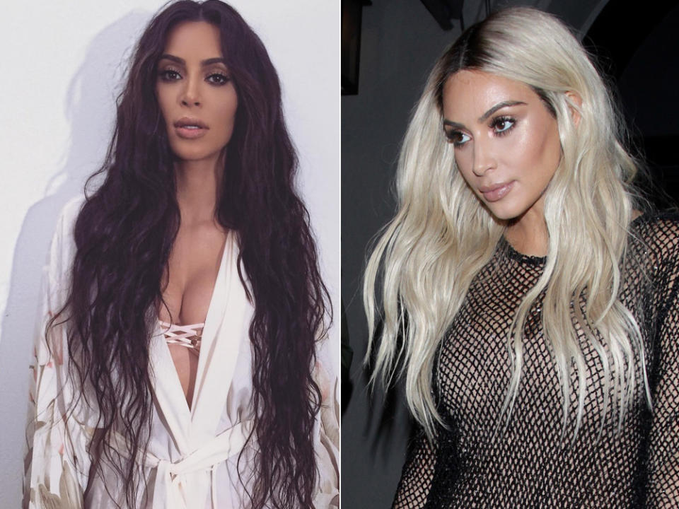 Perücke, Extensions oder tatsächlich der Farbtopf? Bei Fashion-Chamäleon Kim Kardashian kann man das nie so genau wissen! Klar ist nur: Kurz vor den MTV Video Music Awards hat die 35-Jährige ihre braune Markenzeichen-Mähne gegen einen wasserstoffblonden neuen Look eingetauscht! (Bilder: Instagram/kimkardashian, Splash News)