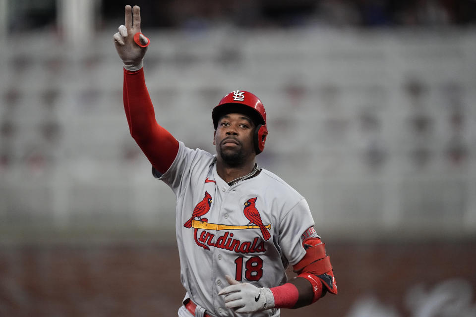 St. Louis Cardinals' Jordan Walker gestures as he rounds the bases after hitting a solo home run in the fourth inning of a baseball game against the Atlanta Braves, Tuesday, Sept. 5, 2023, in Atlanta. (AP Photo/John Bazemore)