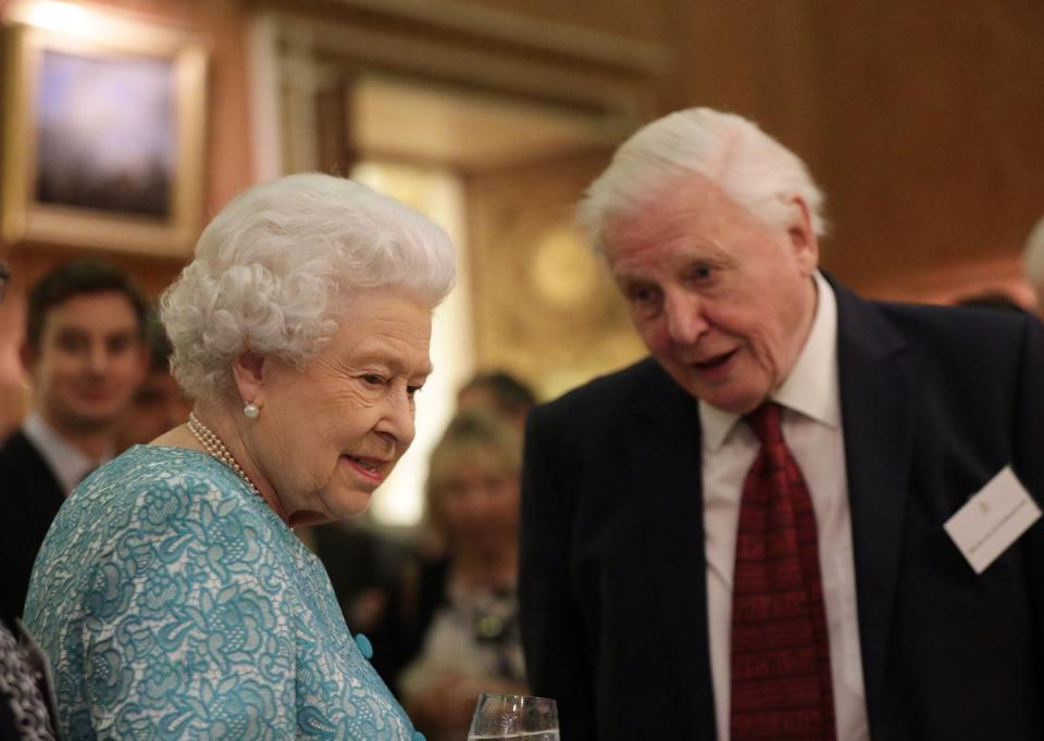 The Queen and Sir David Attenborough during an event at Buckingham Palace , London, to showcase forestry projects that have been dedicated to the new conservation initiative – The Queen’s Commonwealth Canopy (Yui Mok/PA) (PA Archive)