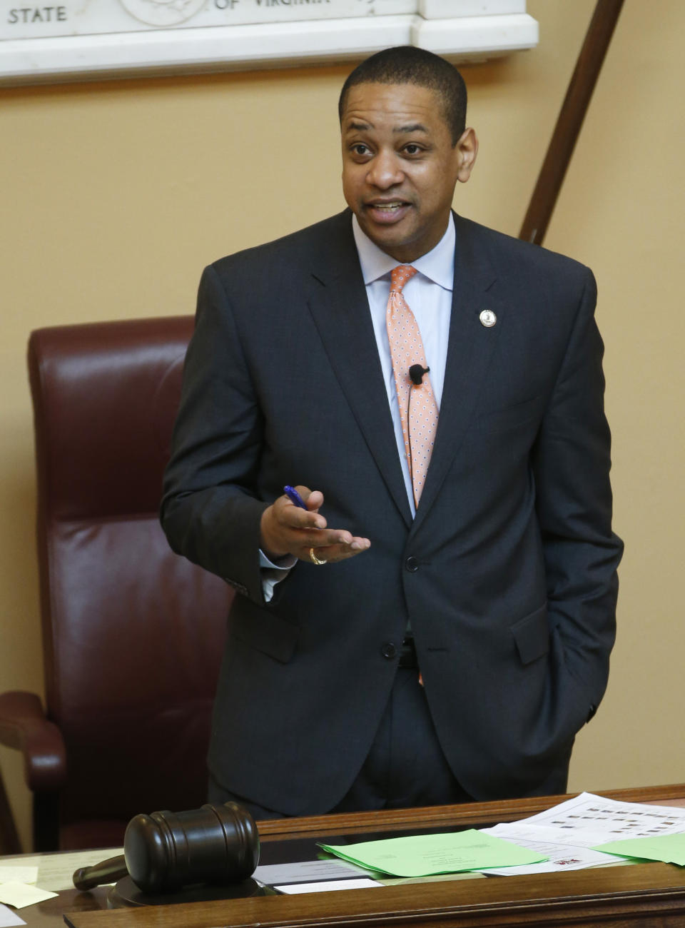 Virginia Lt. Gov. Justin Fairfax presides over a Senate session at the Capitol in Richmond, Va., Friday, Feb. 22, 2019. The chairman of the House Courts of Justice committee announced that they will hold a hearing on the sexual accusations that have been placed against Fairfax. (AP Photo/Steve Helber)