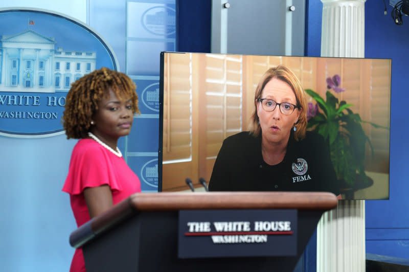 FEMA Administrator Deanne Criswell speaks virtually about the Maui wildfires during a press briefing Monday with White House Press Secretary Karine Jean-Pierre at the White House in Washington, D.C. Photo by Yuri Gripas/UPI