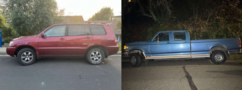 Alice’s Toyota Highlander SUV (left) and Theo’s Ford pickup truck (right) (El Cerrito Police Department)