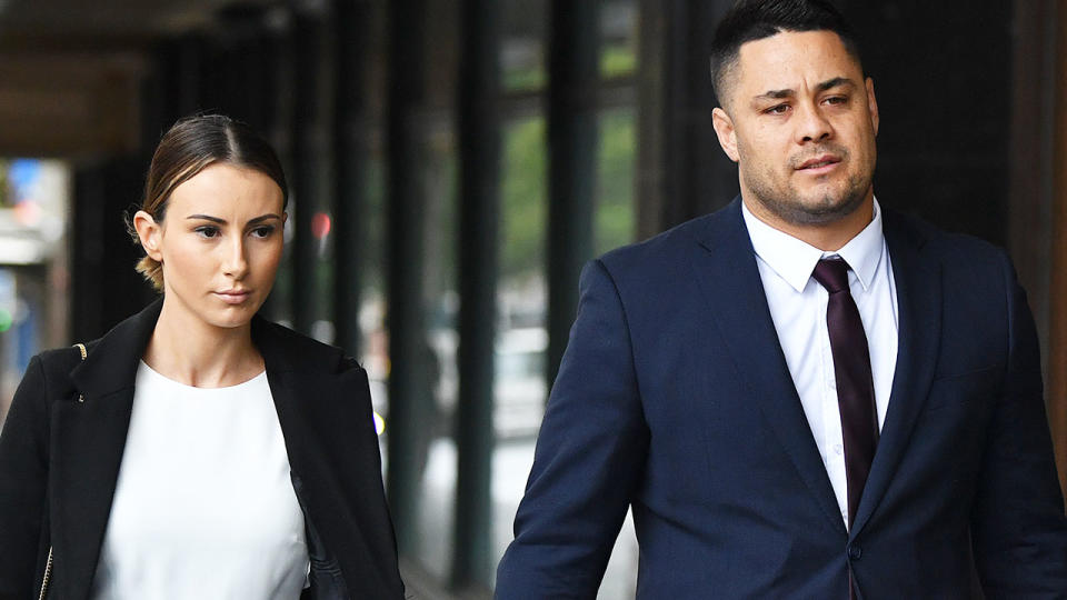 Jarryd Hayne, pictured here at Downing Centre District Court with his wife.