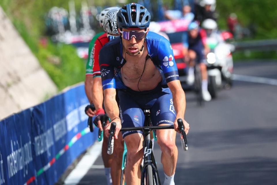 Groupama  FDJs French rider Thibaut Pinot leads the breakaway during the eighteenth stage of the Giro dItalia 2023 cycling race 161 km between Oderzo and Val di Zoldo on May 25 2023  Photo by Luca Bettini  AFP Photo by LUCA BETTINIAFP via Getty Images