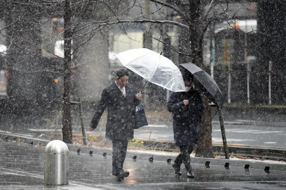 People walk at a street in the snow Monday, Feb. 5, 2024, in Tokyo. Japan Meteorological Agency warns more metropolitan areas braced for snowfall Monday. (AP Photo/Eugene Hoshiko)