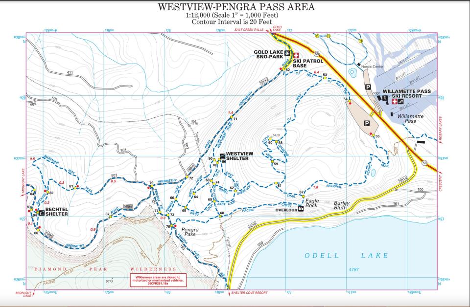 Map showing the trails that surround Westview Shelter from Gold Lake Sno-Park near Willamette Pass.