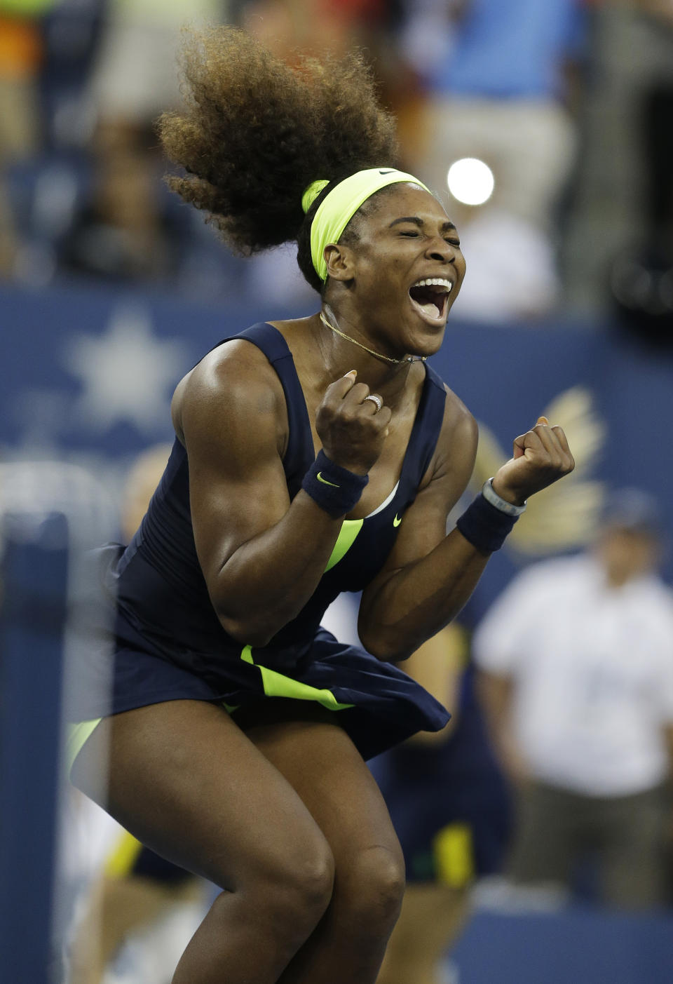 File-This Sept. 9, 2012, file photo shows Serena Williams reacting after beating Victoria Azarenka, of Belarus, in the championship match at the 2012 US Open tennis tournament in New York. Williams has been voted the AP Female Athlete of the Decade for 2010 to 2019. Williams won 12 of her professional-era record 23 Grand Slam singles titles over the past 10 years. No other woman won more than three in that span. She also tied a record for most consecutive weeks ranked No. 1 and collected a tour-leading 37 titles in all during the decade. Gymnast Simone Biles finished second in the vote by AP member sports editors and AP beat writers. Swimmer Katie Ledecky was third, followed by ski racers Lindsey Vonn and Mikaela Shiffrin. (AP Photo/Darron Cummings, File)