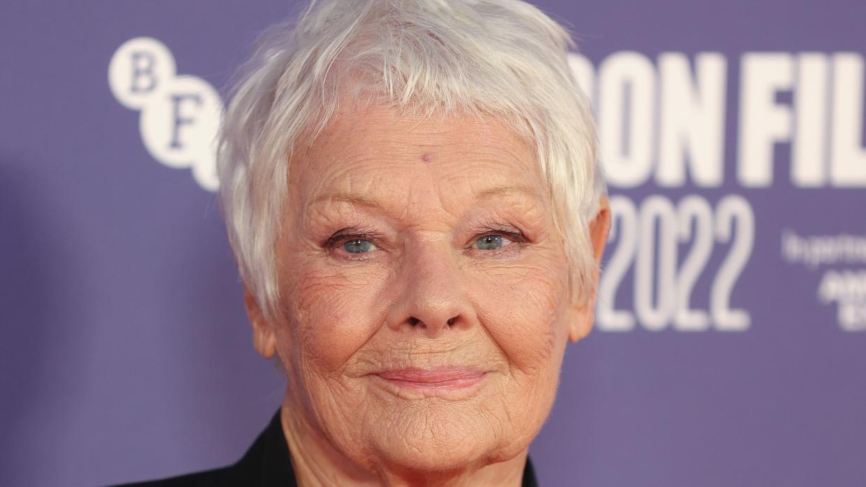 judi dench smiling for a photograph at a movie premiere red carpet