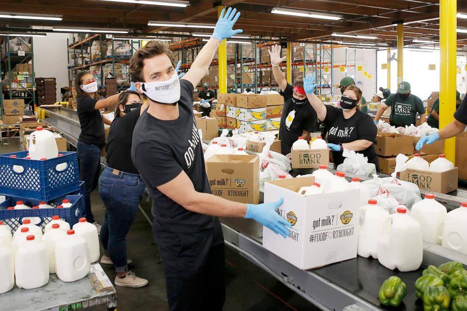 <p>Matt Bomer volunteers at Los Angeles Regional Food Bank on Monday to help announce the #FoodForThought campaign with California Milk Processor Board and Feeding America that will provide 1 million meals and 1 million servings of milk to feeding programs throughout California.</p>