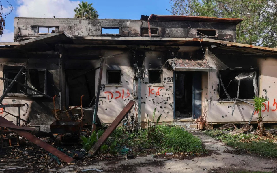 Bullet-riddled and burnt-out buildings damaged during the October 7 attack by Hamas terrorists on Kibbutz Kissufim in southern Israel