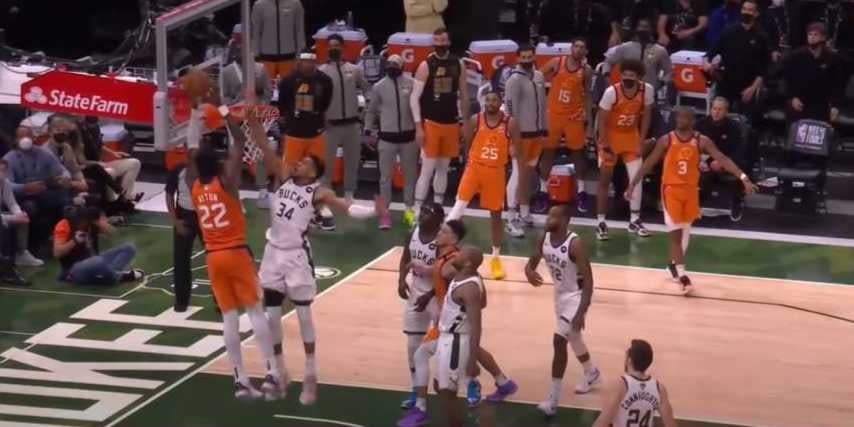 Giannis Antetokounmpo blocks shot against the Suns