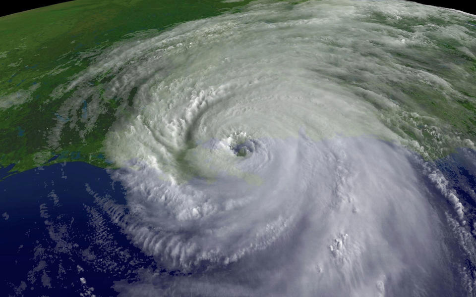 <p>A close up of the center of Hurricane Katrina’s rotation is seen at 9:45am EST on Aug.29, 2005 over southeastern Louisiana. Katrina made landfall as a Category 4 strom with sustained winds in excess of 135 mph near Empire, Louisiana. (NOAA via Getty Images) </p>