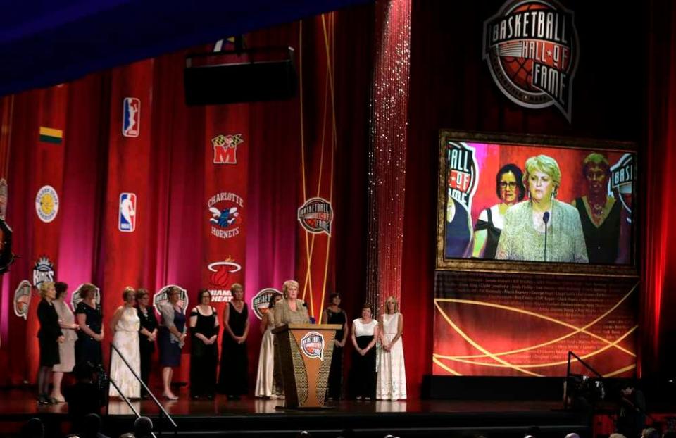 Three-time All-American Theresa Grentz addresses the crowd as the Immaculata College women's team is inducted into the Basketball Hall of Fame in 2014.