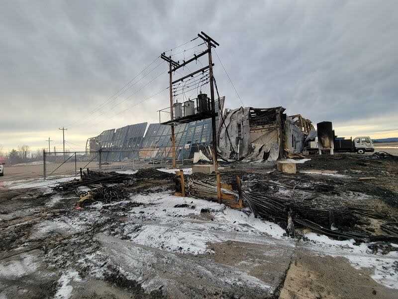 Firefighters battled a blaze at a former airport hangar in Happy Valley-Goose Bay overnight Friday. In a statement released Saturday morning, the RCMP says the fire is now under control. (Submitted by RCMP - image credit)