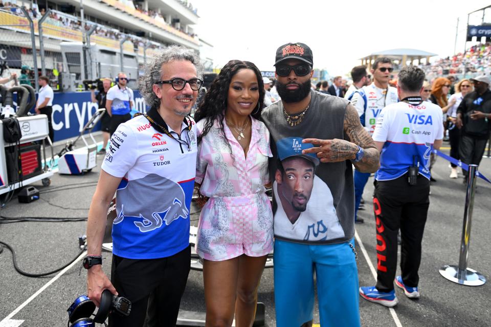 Laurent Mekies, Team Principal of Visa Cash App RB, Keke Palmer and Odell Beckham Jr. on the grid before Sunday's Formula 1 Grand Prix of Miami.