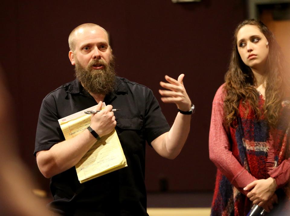 Director Matt Hawkins speaks to the cast Monday, April 10, 2023, during a rehearsal for South Bend Civic Theatre's production of “My Heart Says Go.”