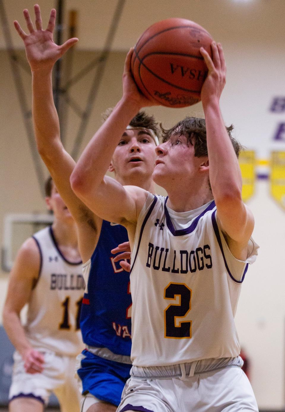 Bloom-Carroll's Jackson Wyant (2) tries to get to the basket for a shot against the Licking Valley defense in varsity boys basketball action at Bloom-Carroll High School in Carroll, Ohio on February 23, 2022. Bloom-Carroll defeated Licking Valley 62-45.