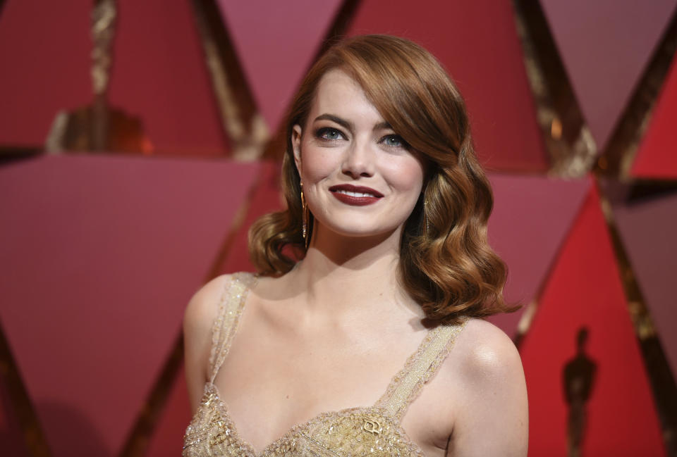 Emma Stone arrives at the Oscars on Sunday, Feb. 26, 2017, at the Dolby Theatre in Los Angeles. (Photo by Richard Shotwell/Invision/AP)