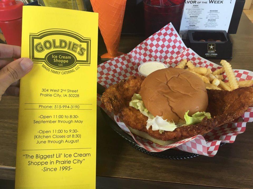 Iowa: Pork Tenderloin, Goldie’s Ice Cream Shoppe (Prairie City)