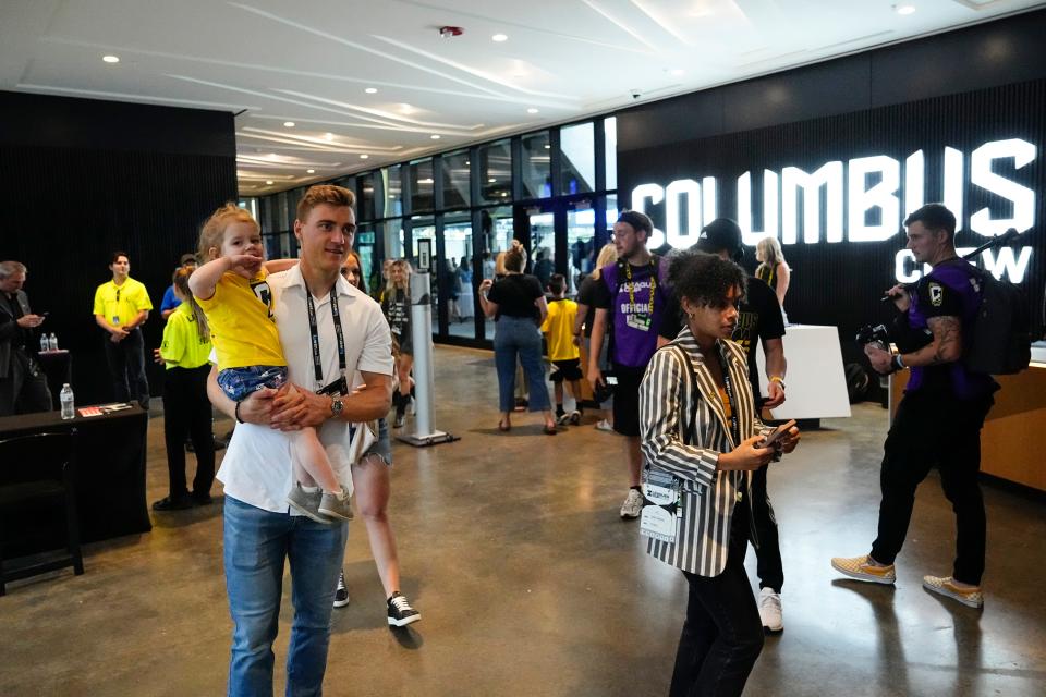 Jul 23, 2023; Columbus, Ohio, USA;  Columbus Crew’s newly acquired midfielder Julian Gressel arrives with his family prior to the Leagues Cup matchup against the St. Louis City at Lower.com Field. 