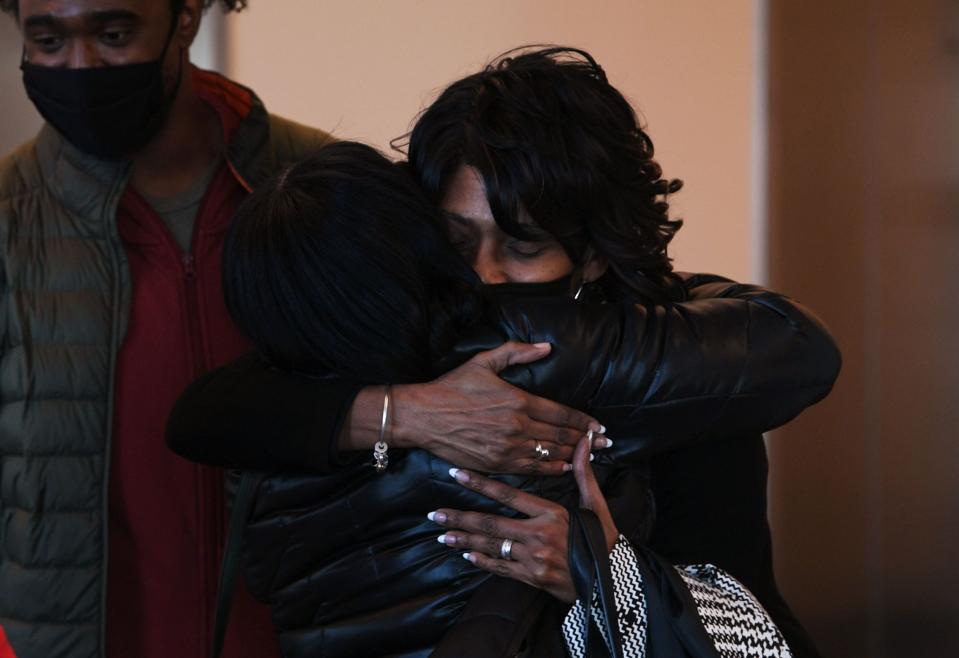 Shirl Groves Baker, mother of DeEbony Groves, embraces another woman Saturday at the Justice A.A. Birch Building in Nashville after the guilty sentences were announced for Travis Reinking for killing four people in the 2018 Waffle House shooting.