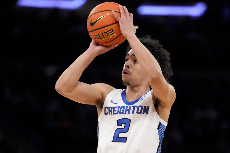 Creighton's Ryan Nembhard (2) shoots for three points in the first half of an NCAA college basketball game against Villanova during the quarterfinals of the Big East conference tournament, Thursday, March 9, 2023, in New York. (AP Photo/John Minchillo)