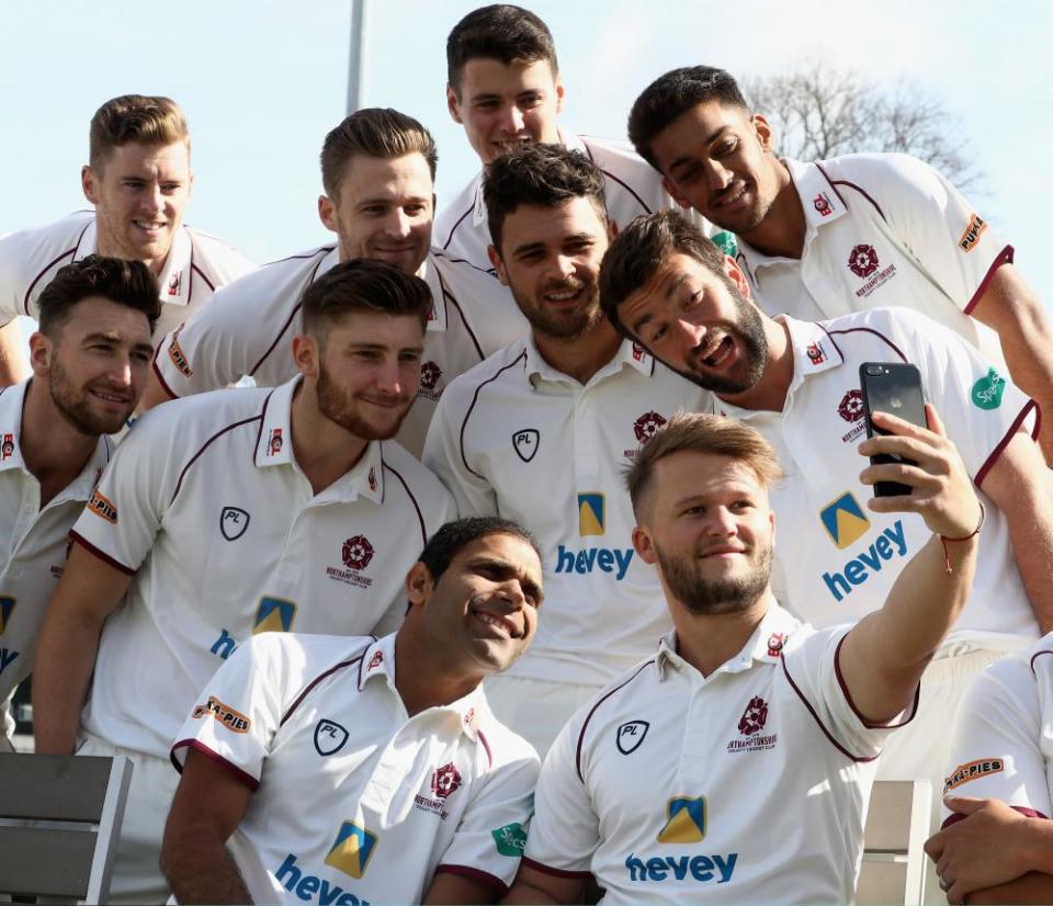 Ben Duckett takes a selfie with team mates at The County Ground in Northampton.