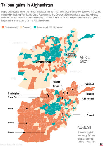 Map shows areas controlled by Taliban.