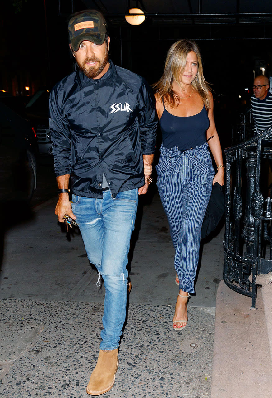 EXCLUSIVE: Jennifer Aniston and Justin Theroux go to dinner at Blue Hill in New York. <P> Pictured: Jennifer Aniston and Justin Theroux <B>Ref: SPL1540054  170717   EXCLUSIVE</B><BR/> Picture by: XactpiX/ Splash News<BR/> </P><P> <B>Splash News and Pictures</B><BR/> Los Angeles:310-821-2666<BR/> New York:212-619-2666<BR/> London:870-934-2666<BR/> photodesk@splashnews.com<BR/> </P>