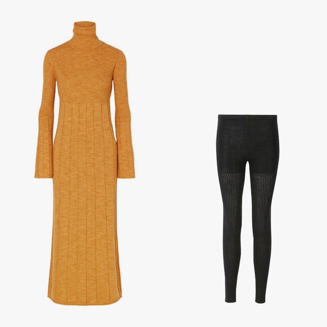 Elizabeth and James Clementine ribbed merino-wool turtleneck maxi dress, $263, net-a-porter.com; Uniqlo Heattech knitted ribbed leggings, $15, uniqlo.com