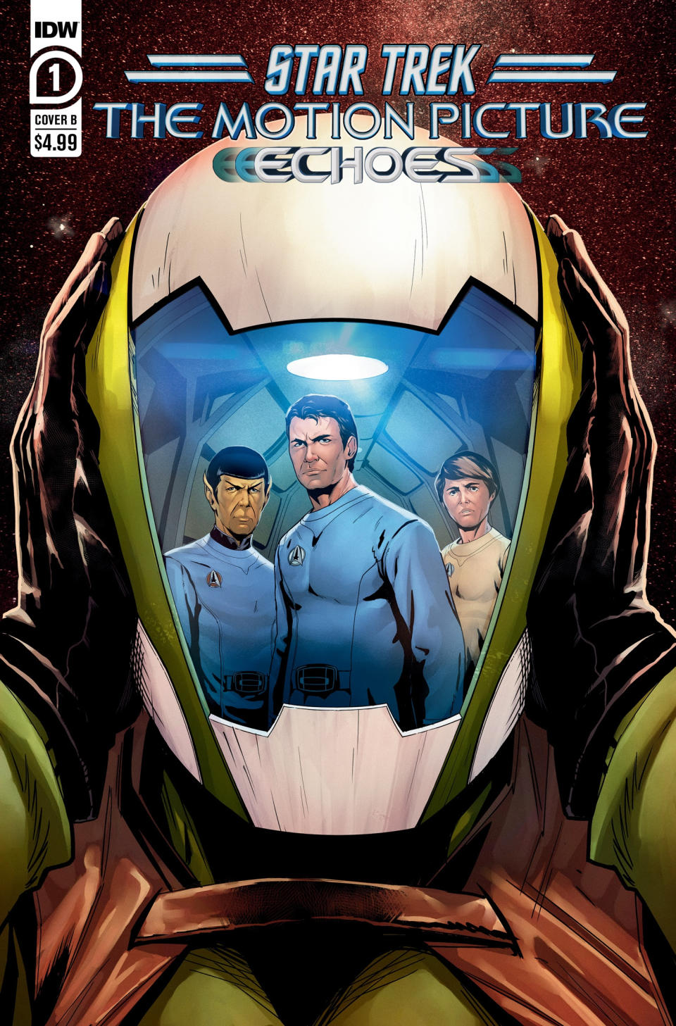 three people in Starfleet uniforms are seen in the reflective visor of another person's spacesuit