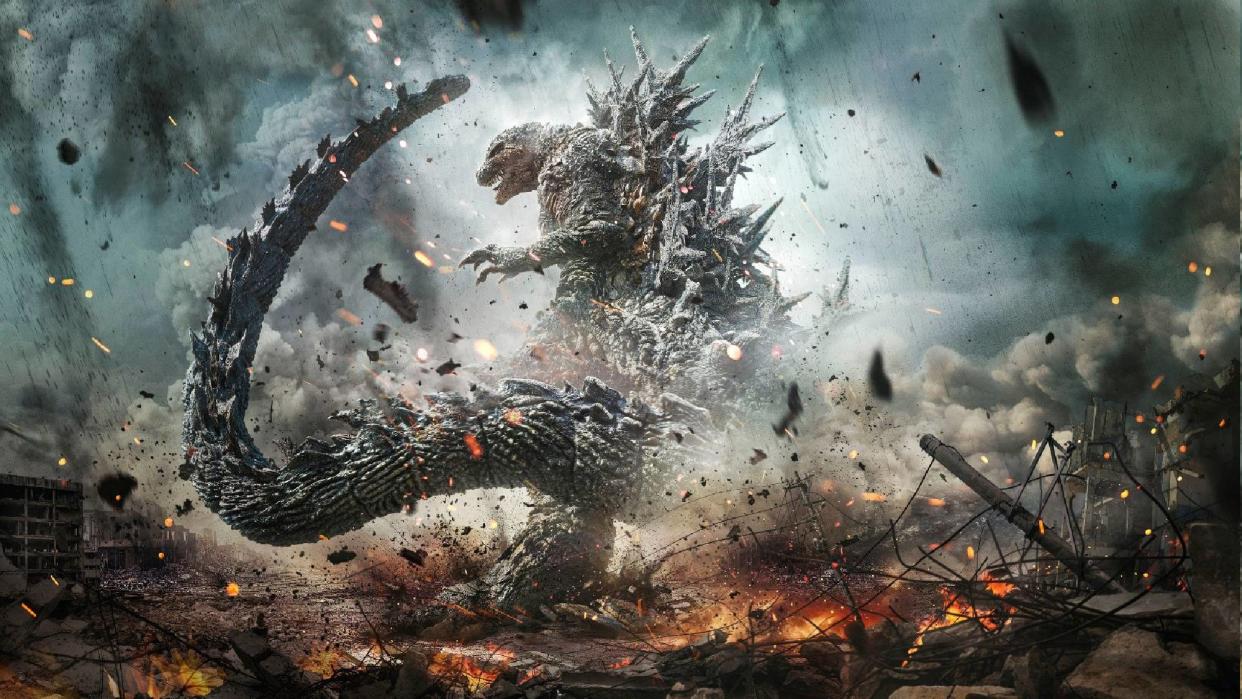  A promotional image for Godzilla Minus One displaying Godzilla. 
